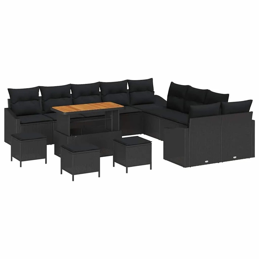 vidaXL Gartensofa-Set aus Poly Rattan in Schwarz mit 13 Kissen, Lounge-Sessel, 2-Sitzer Sofa, Ottoman und Couchtisch - Bild 2