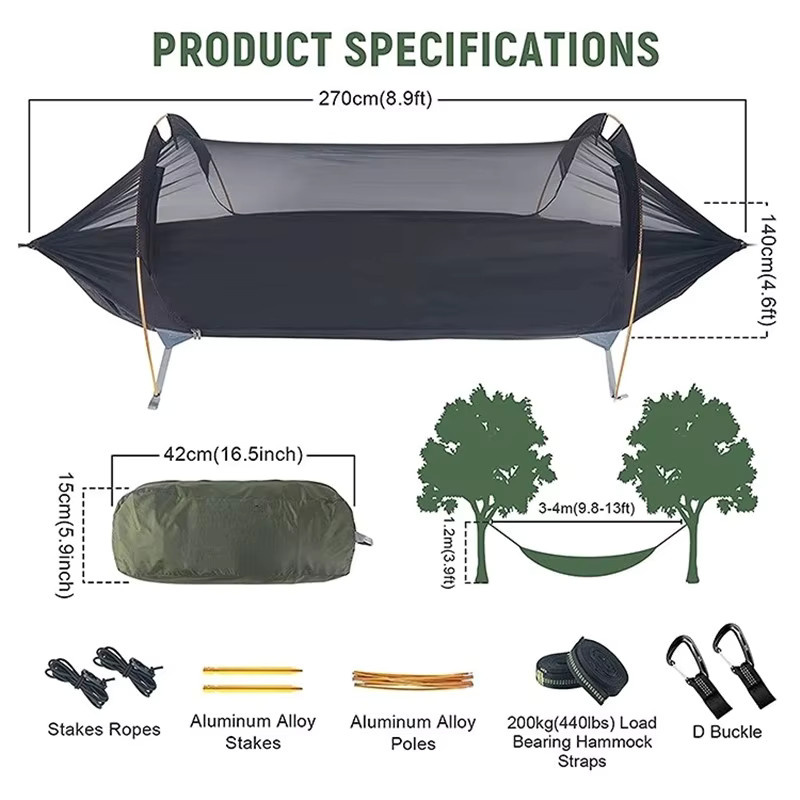 Traveler 3-in-1 Tunnel-Moskitonetz-Hängematte mit wasserdichtem Regenschutz als Baumzelt für Solo-Camping in Grün - Bild 2