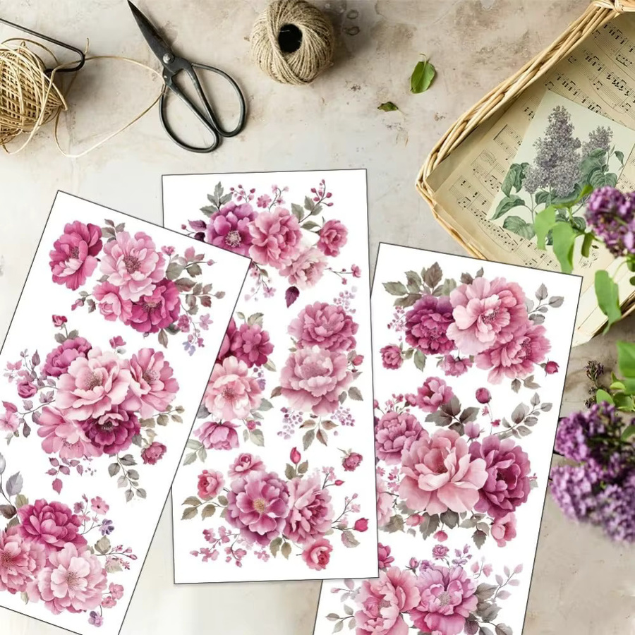 3er Set Pfingstrosen Möbelaufkleber in Rosa und Lila für Möbel und Kunsthandwerk, B: 30,5 cm, H: 15,2 cm - Bild 2