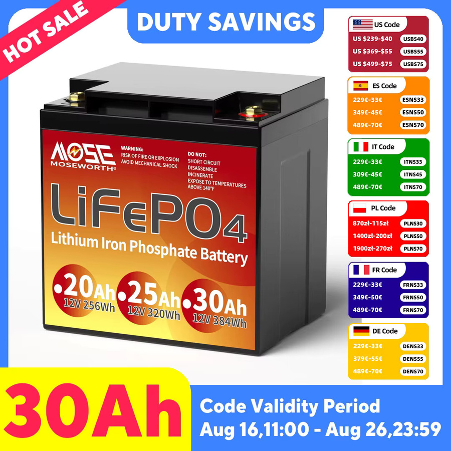 MOSEWORTH 12V 30Ah LiFePO4 Batterie mit BMS, schwarzer Lithium-Eisenphosphat-Akku für Kinderfahrzeuge, Beleuchtung und Camping - Bild 1