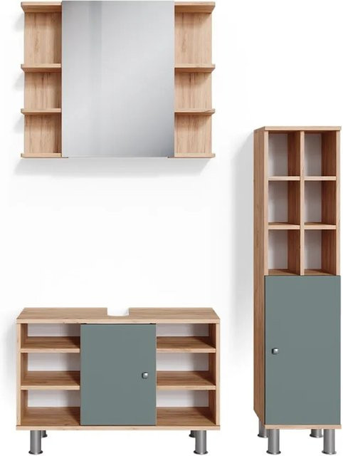 Vicco Badmöbelset Fynn in Grün/Goldkraft Eiche, 3-teilig mit Waschtischunterschrank 80 cm, Spiegelschrank und Midischrank mit großer Tür - Bild 2