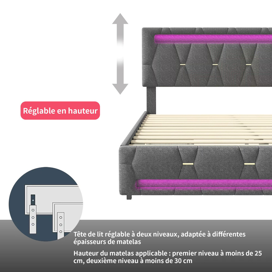 Gepolstertes Doppelbett mit LED-Beleuchtung und Schubladen in Grau, B/T: 160 x 200 cm - Bild 4
