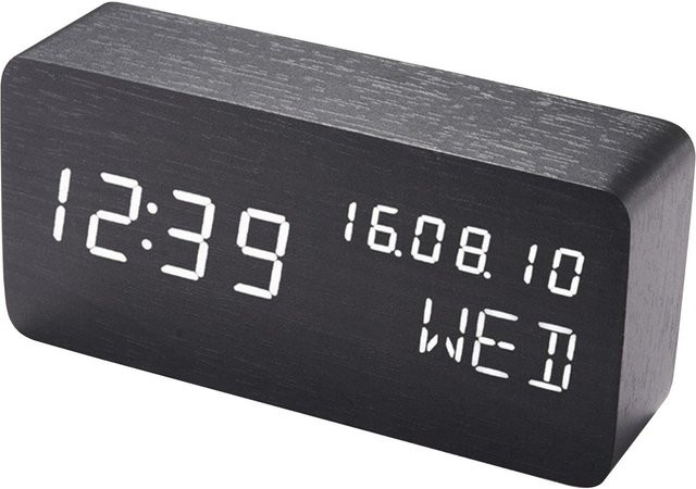 Digitaler Schreibtisch-Wecker von Tooarts aus Holz mit Sprachsteuerung, LED-Anzeige, Datum, Temperatur und Hygrometer in Schwarz - Bild 1