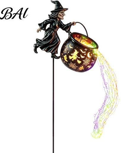 Baisida Hexenkessel Halloween Außenleuchte mit LED und Solarbetrieb, Gruselige Gartenstecker Silhouette in Schwarz und Multicolour - Bild 1