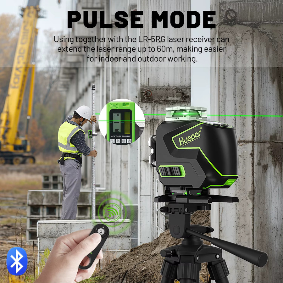 Huepar S04CG-C Set 4D Kreuzlinienlaser Level mit 16 Linien, LCD, Bluetooth, Fernbedienung, Detektor, Stativ und Entfernungsmesser in Schwarz - Bild 4