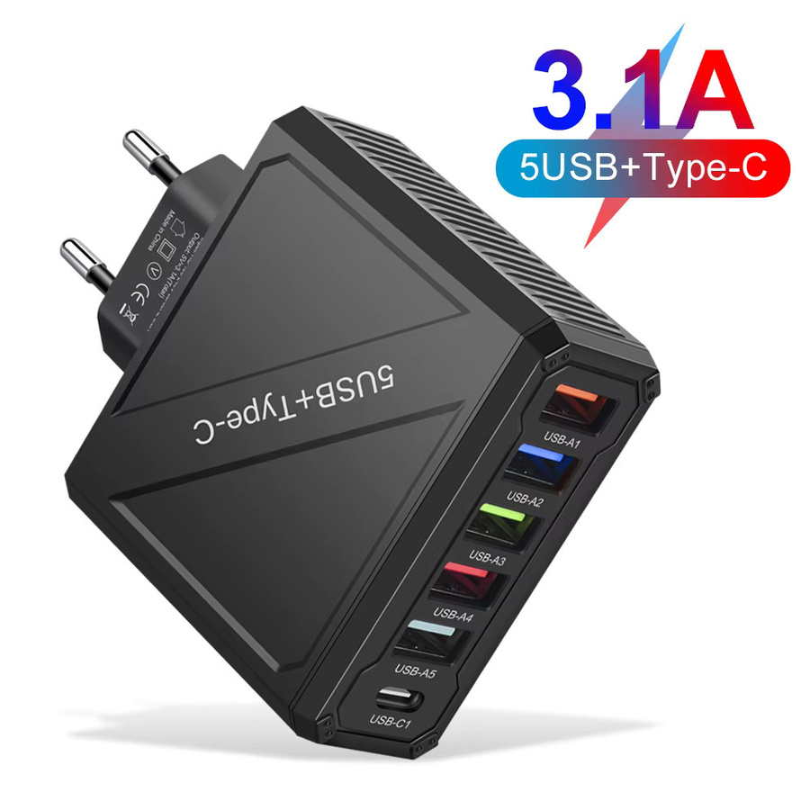 Maerknon 15W USB Typ C Wandladegerät mit 6 Ports und PD Schnellladefunktion in Schwarz - Bild 4