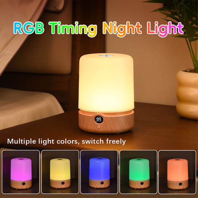 CHOUDAO TECH LED-Nachtlicht mit Touch-Steuerung, USB-C wiederaufladbar, RGB-Farben, Weiß/Holz-Design für Schlafzimmer und Wohnzimmer - Bild 1