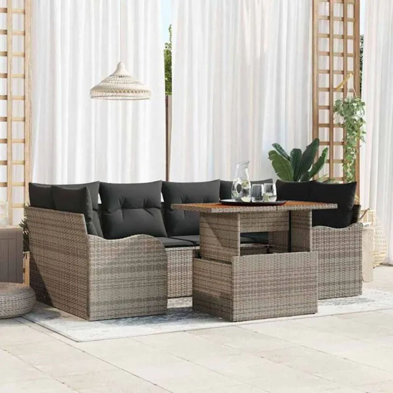 Vidaxl Polyrattan Garten-Sofa-Set mit Kissen in Grau, 7-teiliges modulares Loungemöbel-Set, B/T/H: 100 x 55 x 73 cm - Bild 1