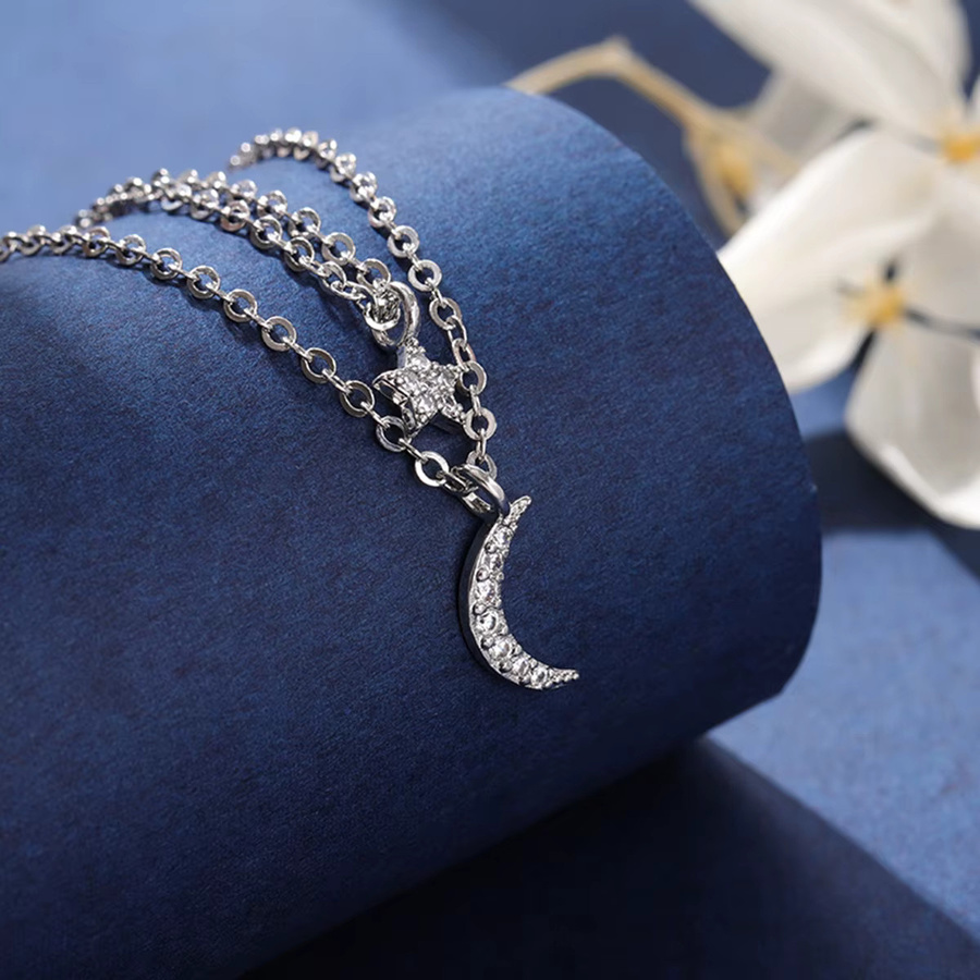 Halskette 925 Sterling Silber, Stern Mond Kristall, Doppelschichtig, Damen - Bild 2