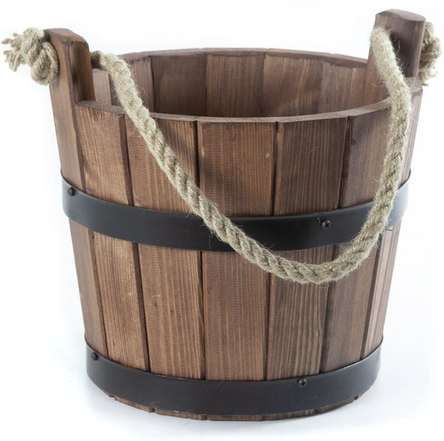 HolzFee Pflanzkübel rustikal aus Kiefernholz in Walnuss mit Seilgriff und Ösen, Durchmesser: 30 cm, Höhe: 25 cm - Bild 1