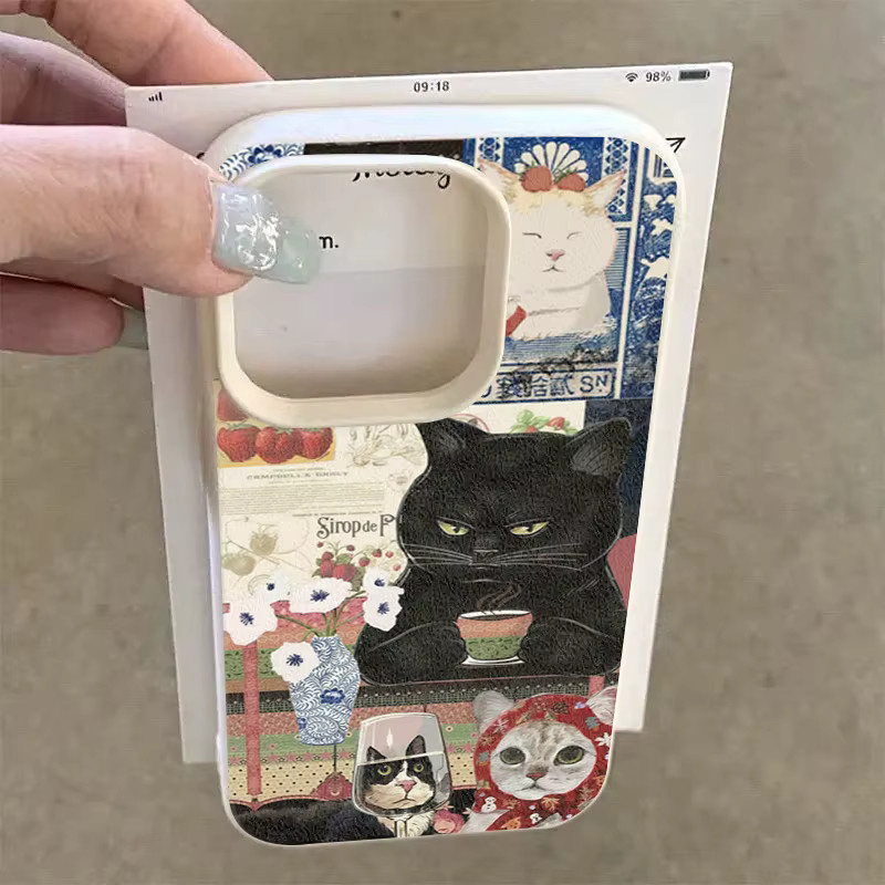 Stoßfeste Handyhülle mit schwarzer Katze und Lychee-Muster für Apple iPhone 11 bis 17 Pro Max und weitere Modelle, Schwarz/Mehrfarbig - Bild 3