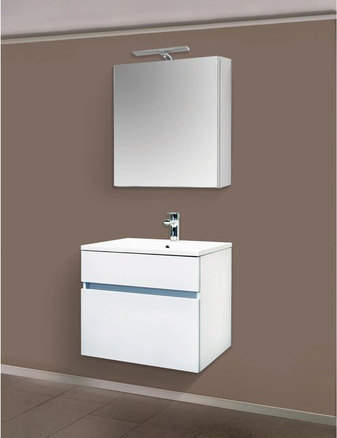 Sanotechnik Badmöbel-Set Stella 3-teilig Weiß mit Waschbecken aus Mineralguss und Spiegelschrank mit LED-Beleuchtung - Bild 1