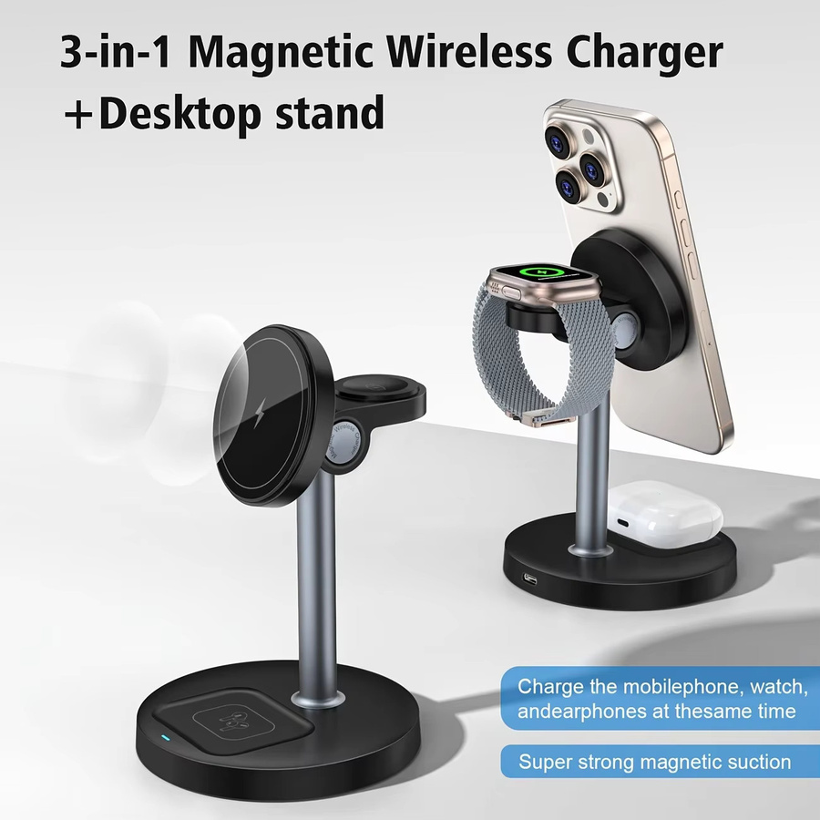 VIKEFON 3-in-1 magnetisches kabelloses Ladegerät mit verstellbarem Ständer für iPhone, iWatch und AirPods Pro in Schwarz und Weiß - Bild 2