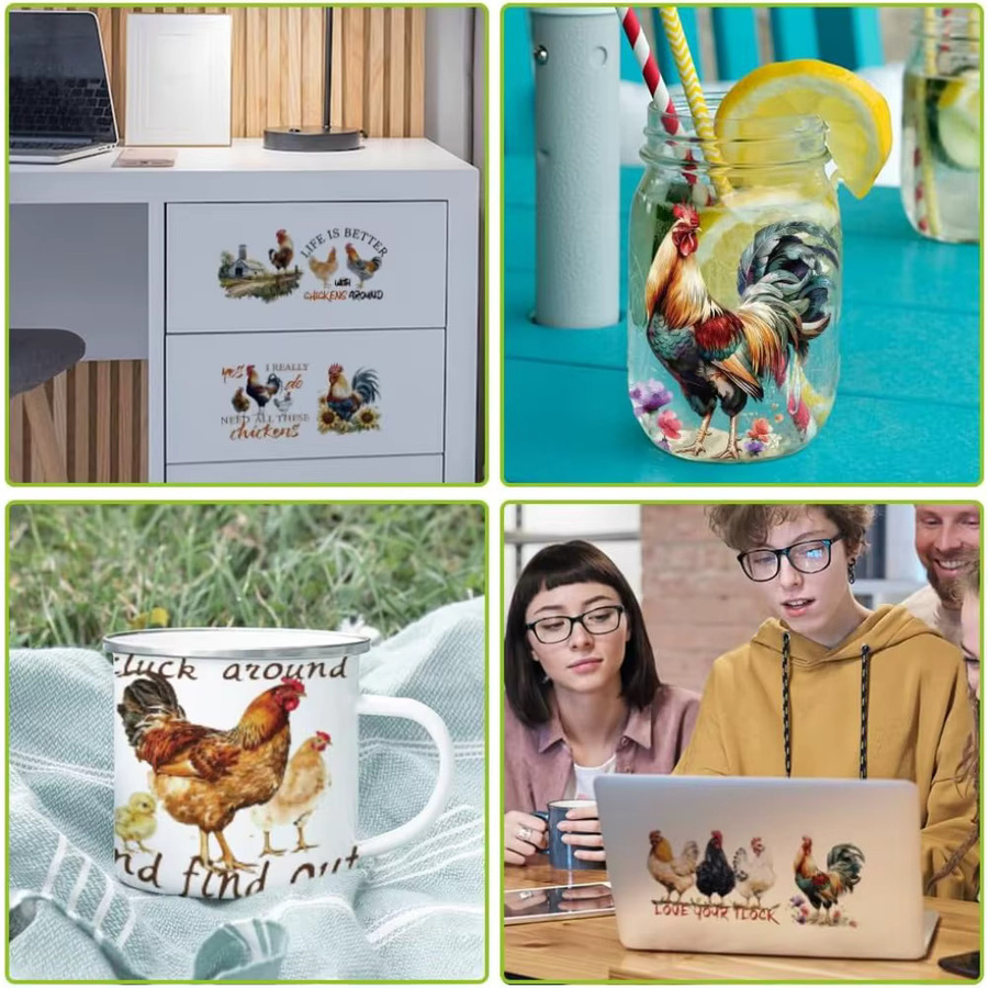 10 Stück PVC-Transferaufkleber mit Bauernhof-Huhn-Motiv und Hühnerei-Muster, UV-wasserdichte Becheraufkleber für 16-Unzen-Gläser, Mehrfarbig - Bild 4