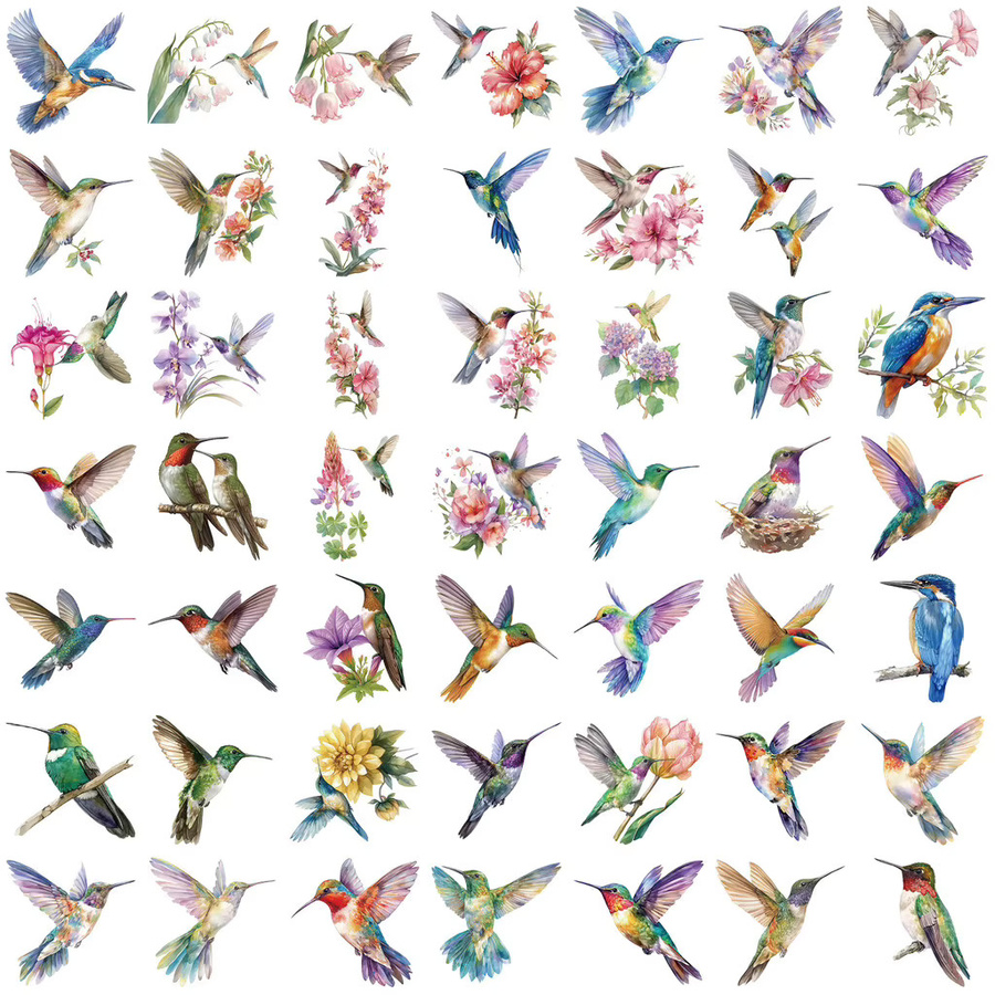 50 Stück LanLanStickersWorld Kolibri und Blumen Aufkleber, transparent und wasserfest, PET-Sticker für DIY-Handyhüllen, Multicolor - Bild 2