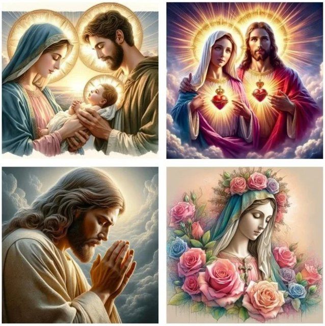 Potdemiel 5D Diamantmalerei Jesus und Maria mit Rosen als Wanddekor mit runden Strasssteinen - Bild 1
