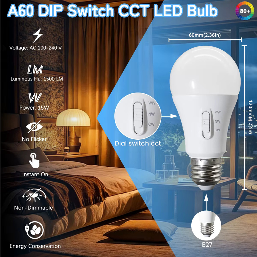 E27 LED-Glühbirne mit dreifarbiger Temperaturumschaltung via DIP-Schalter, 15 W, Weiß - Bild 2