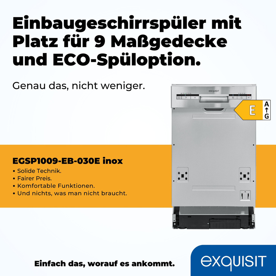 Exquisit integrierbarer Geschirrspüler EGSP1009-EB-030E in Silber, B/H/T: 44,8 x 81,5 x 57,4 cm - Bild 6