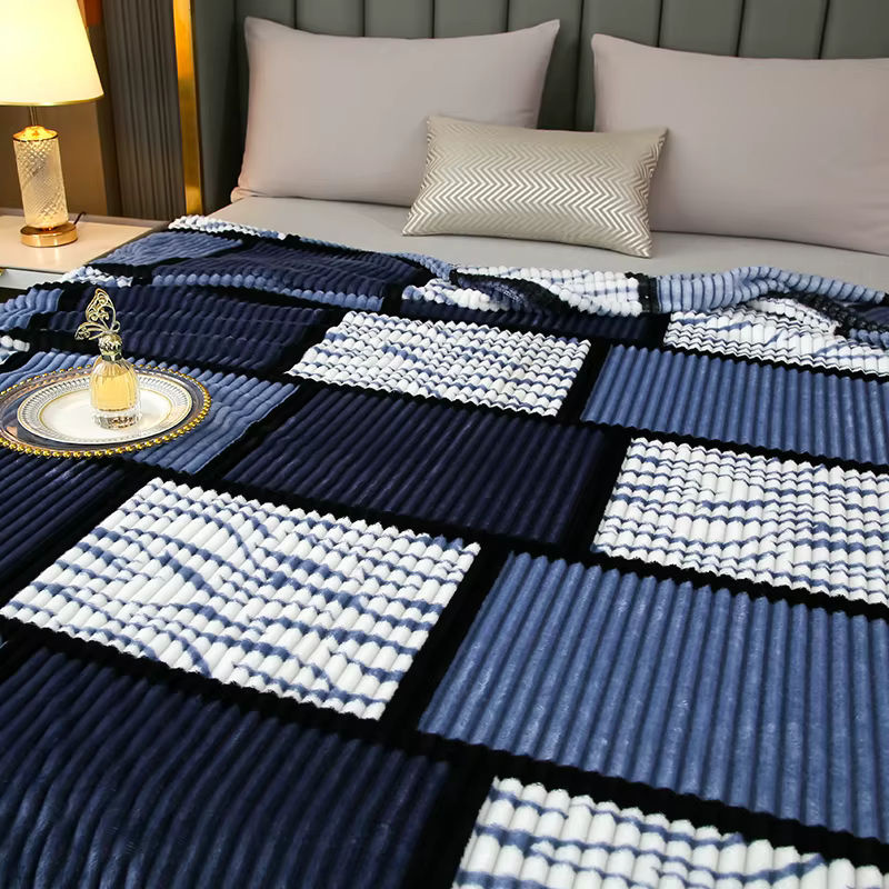 Fei Zhi Tian Flanell-Milchsamt-Decke in Blau mit Karomuster und Kordel-Druck, superweiche Polyester-Bettwäsche für Sofa und Schlafzimmer - Bild 4