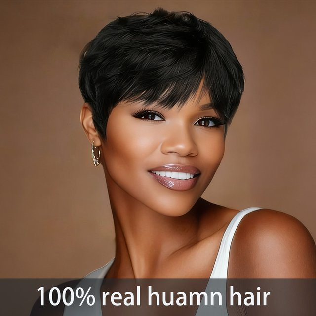 OYM HAIR Pixie-Cut-Perücke für Damen, Schwarz, Echthaar mit Pony - Bild 1