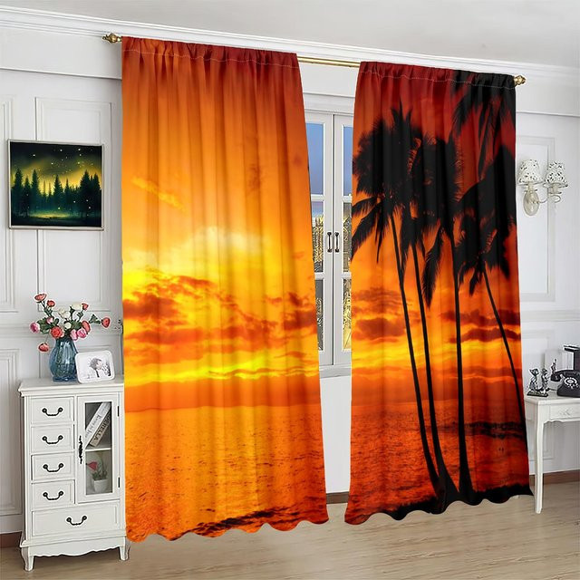 Yiran Furniture Sonnenuntergang Vorhang Set aus Polyester, 2 Stück, halbtransparent, Mehrfarbig, B: 76,2 cm, H: 165,1 cm - Bild 1