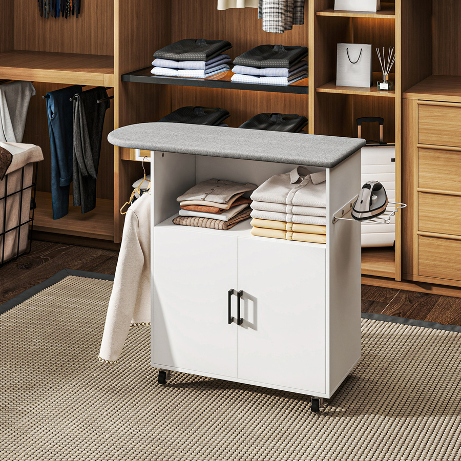 HOMCOM Multifunktionales Bügelbrett in Weiß mit Rollen, Kleiderstange, offenem Regal und Schrank, B/T/H: 125 x 43,5 x 102,5 cm - Bild 2