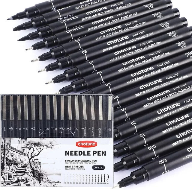 Kissbuty Fineliner Set in Schwarz mit 15 Größen, wasserfeste Archivtinte für Künstlerillustrationen, Skizzieren und Manga-Technikzeichnungen - Bild 1