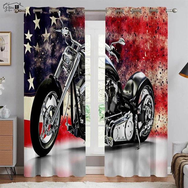 Yiran Furniture Dekorative Vorhänge mit Motorrad-Motiv im Retro-Industriestil, 2er-Set, Mehrfarbig, Breite: 50 cm, Höhe: 130 cm - Bild 1