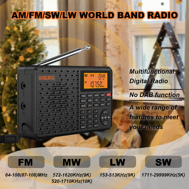 XHDATA D-109 Stereo Digitales Tragbares Radio in Schwarz mit AM, SW, MW, FM, Bluetooth und TF-Kartenspieler - Bild 1