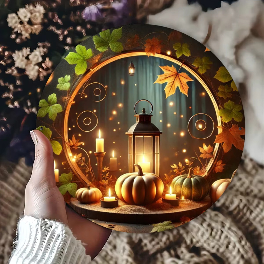 Potdemiel Vintage Herbst Wanddekoration aus Metall mit Kürbis und Laterne, bunter Metallkranz mit Hängeschlaufe für rustikalen Bauernhaus-Stil - Bild 3
