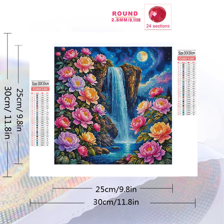 EverShinet DIY Diamant-Mosaik Set Wasserfall-Landschaft mit Blumen als Vollquadrat Kreuzstich Stickerei in Multicolour - Bild 2