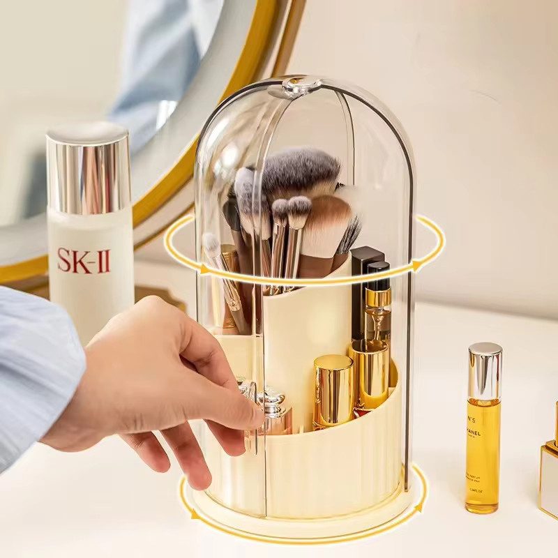 360 Grad rotierender Kosmetik Organizer aus Kunststoff, staubdichte Make-up Aufbewahrungsbox in Transparent und Weiß, Desktop Organizer für Schmuck und Schreibwaren, B/T/H: 23,5 x 12,0 cm - Bild 1