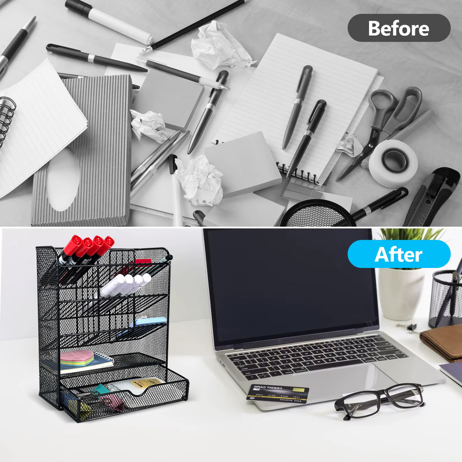 Schreibtisch-Organizer aus Metallgitter in Schwarz mit Schublade und Stifthalter, B/T/H: 25 x 21,2 x 9 cm - Bild 3
