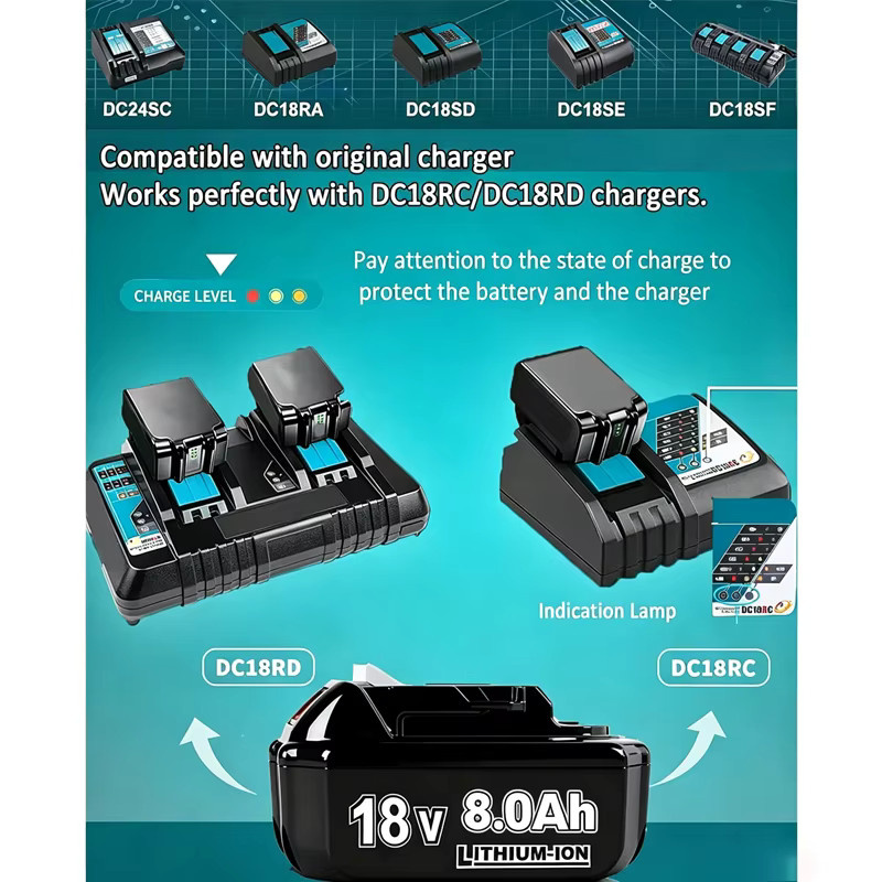 Turpow 18V 8000mAh Akku für Makita BL1830 BL1815 BL1860 BL1850 BL1840B Akku-Elektrowerkzeuge inklusive 4A 6A Ladegerät in Schwarz - Bild 2