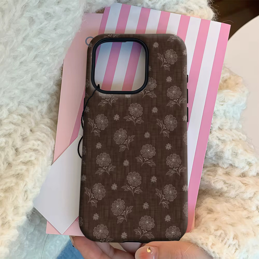 Handyhülle mit brauner Blumenstickerei für Apple iPhone 11 bis iPhone 17 Pro Max Plus mit doppelschichtiger Rückseite - Bild 4