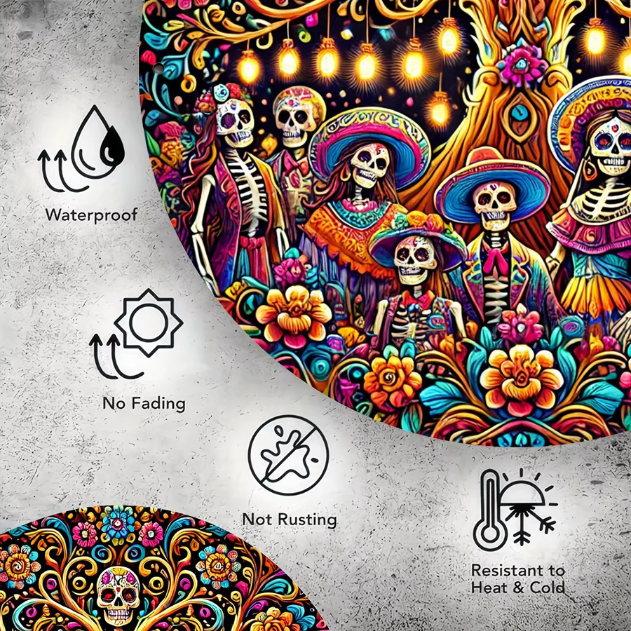 Rundes Metallschild Potdemiel Tag der Toten und Cinco de Mayo mit Vintage Totenkopf- und Blumenkranz-Design, Mehrfarbig, Durchmesser: 20 cm - Bild 2