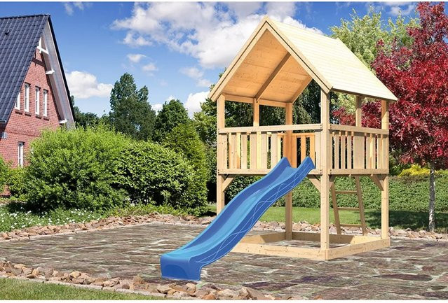 Karibu Spielturm Luis mit Satteldach und Rutsche in Blau und Braun - Bild 1
