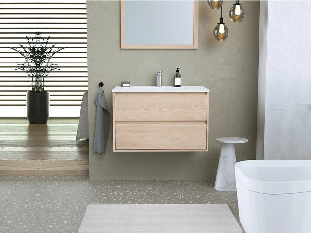 Milipam Einzelwaschtisch in Beige mit Eichenholzfurnier, Breite: 80 cm - Bild 1