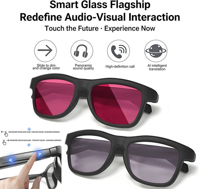 Smart Glasses Aras KI-Übersetzungs-Sonnenbrille mit Bluetooth, Musiksteuerung und Kamera in Schwarz - Bild 1