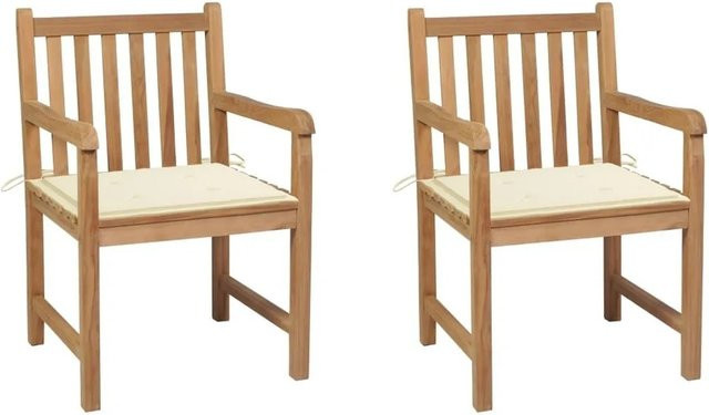 vidaXL Gartenstühle Set aus Teak-Massivholz mit cremeweißen Polsterkissen in Beige und Braun - Bild 1