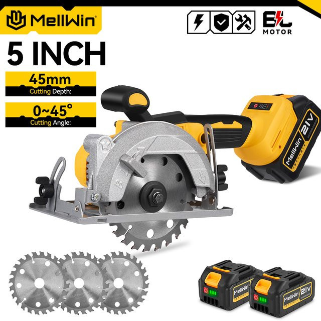 MELLWIN Bürstenlose elektrische Handkreissäge Gelb, 125 mm Durchmesser, für 18 V und 21 V Akkus, multifunktionaler Cutter für Holz und Metall - Bild 1