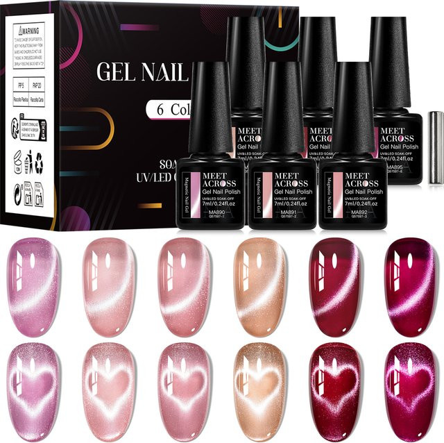 MEET ACROSS Magnetisches UV Gel Nagellack Set, Rosa Rot, 7 Stück - Bild 1