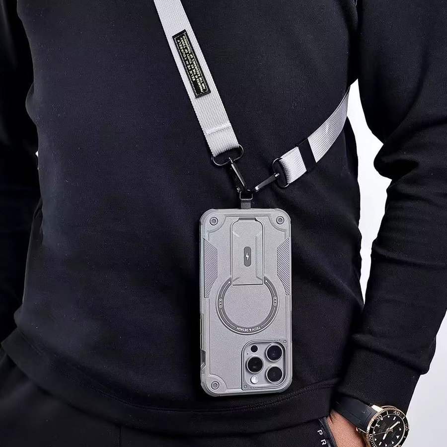Xeber Crossbody-Magnethalter-Hülle für iPhone 17, 16, 15, 14, 13, 12 Pro Max Plus in Grau mit Anti-Fall-Schutz und Hartschale - Bild 2