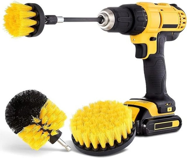 Elektrisches Reinigungsbürsten Set für Bohrmaschinen mit Nylon-Pinseln in Gelb für Teppich, Glas, Auto und Reifen - Bild 1