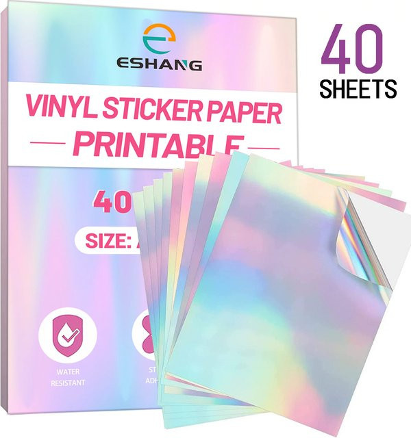 ESHANG Holografisches Vinyl-Aufkleberpapier für Tintenstrahldrucker, 40 Blatt, Multicolour, A4, wasserfest und selbstklebend - Bild 1
