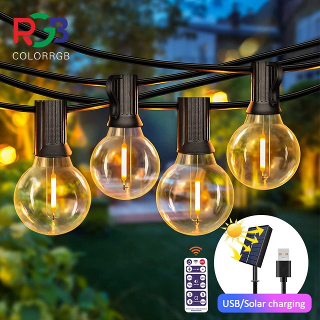 Solar-Lichterkette für den Außenbereich mit 30 LED G40 Kugelleuchten aus Glas, 12 m Länge, wasserdicht und solar- sowie USB-betrieben, transparent - Bild 1