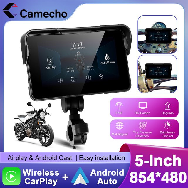 Camecho 5-Zoll tragbares digitales Motorrad-Navigationsdisplay mit GPS, Wireless CarPlay und Android Auto, Schwarz - Bild 1