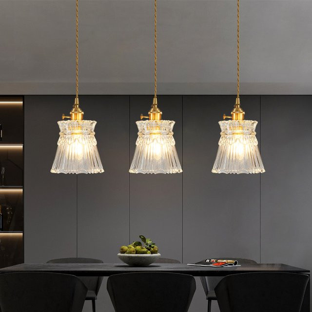Vintage Nordic Pendelleuchte aus Glas mit Streifen-Design in Transparent und Gold/Messing für Esszimmer, Küche oder Schlafzimmer - Bild 1
