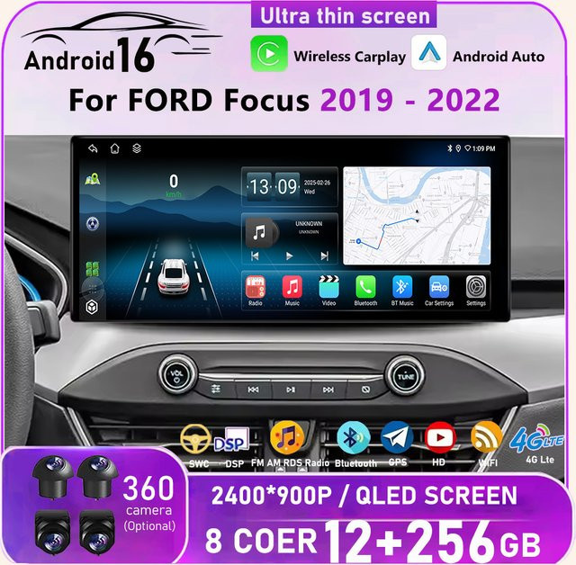 KJ-NAVI Android 16 Multimedia Player für FORD Focus 2019-2022 mit 12,3 Zoll Display, Wireless CarPlay, Bluetooth, WIFI und DSP, Farbe: Schwarz - Bild 1