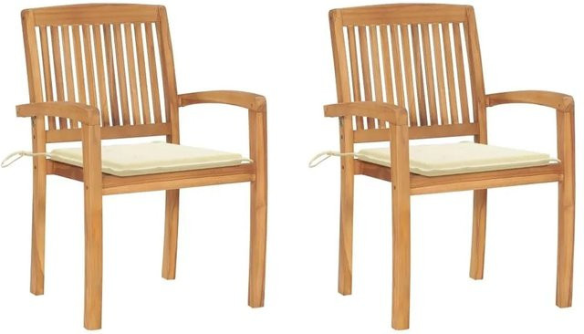 vidaXL Gartenstuhl Set aus 2 Stück aus Teakholz mit cremeweißen Polsterkissen, stapelbar und mit Armlehnen - Bild 1